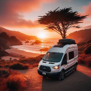 Ford Transit 350 HD extended camper van, van life in Mendocino at sunset-5
